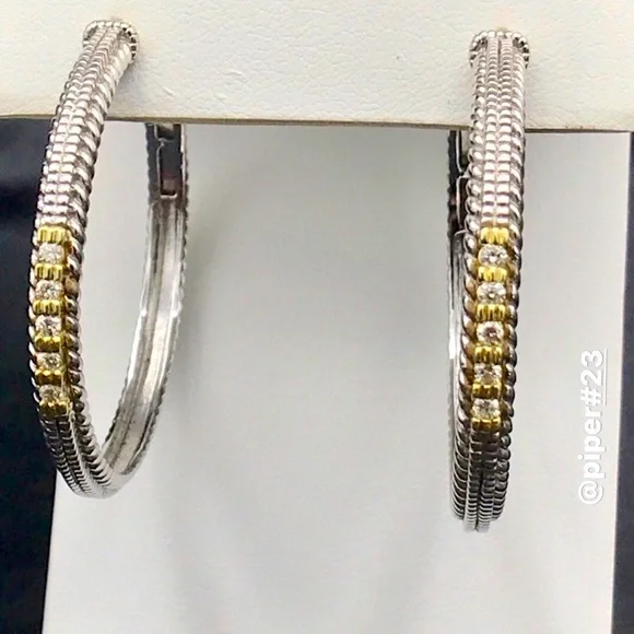 EUC Judith Ripka JR TWO Pave Diamond Large Linen 1.5” Hoop Earrings - Picture 2 of 9